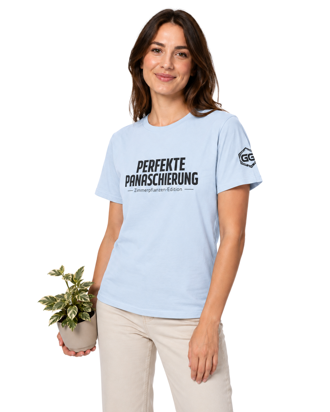 model:7:f | Perfect Variegation – Houseplant T-Shirt – Model photo in Light Blue – Woman