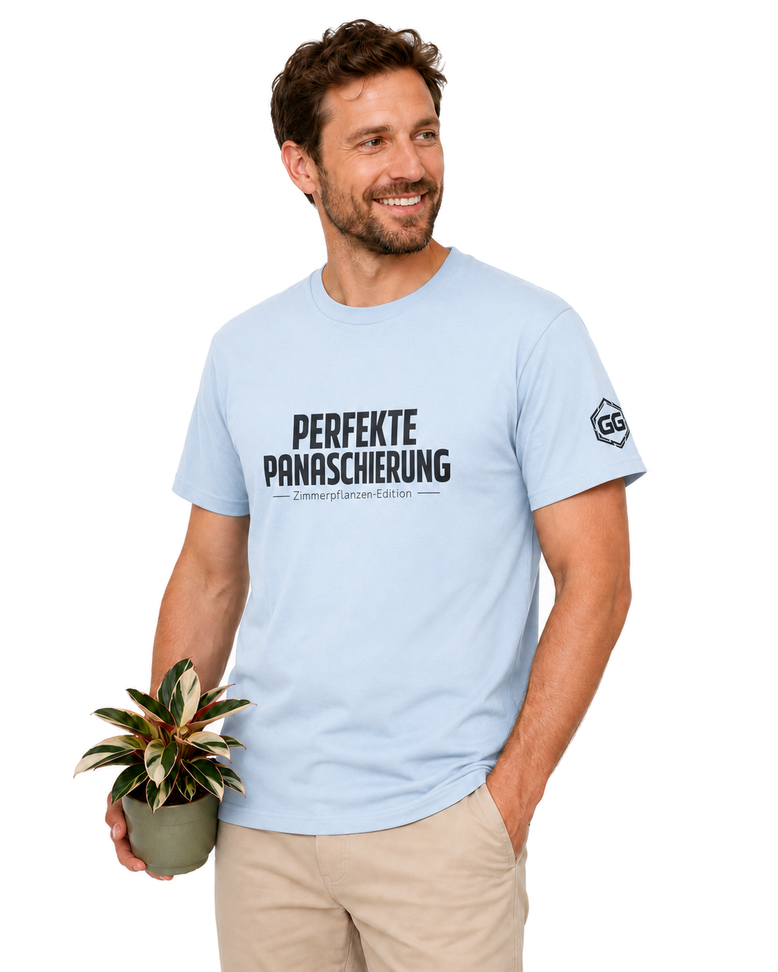 model:7:m | Perfect Variegation – Houseplant T-Shirt – Model photo in Light Blue – Man