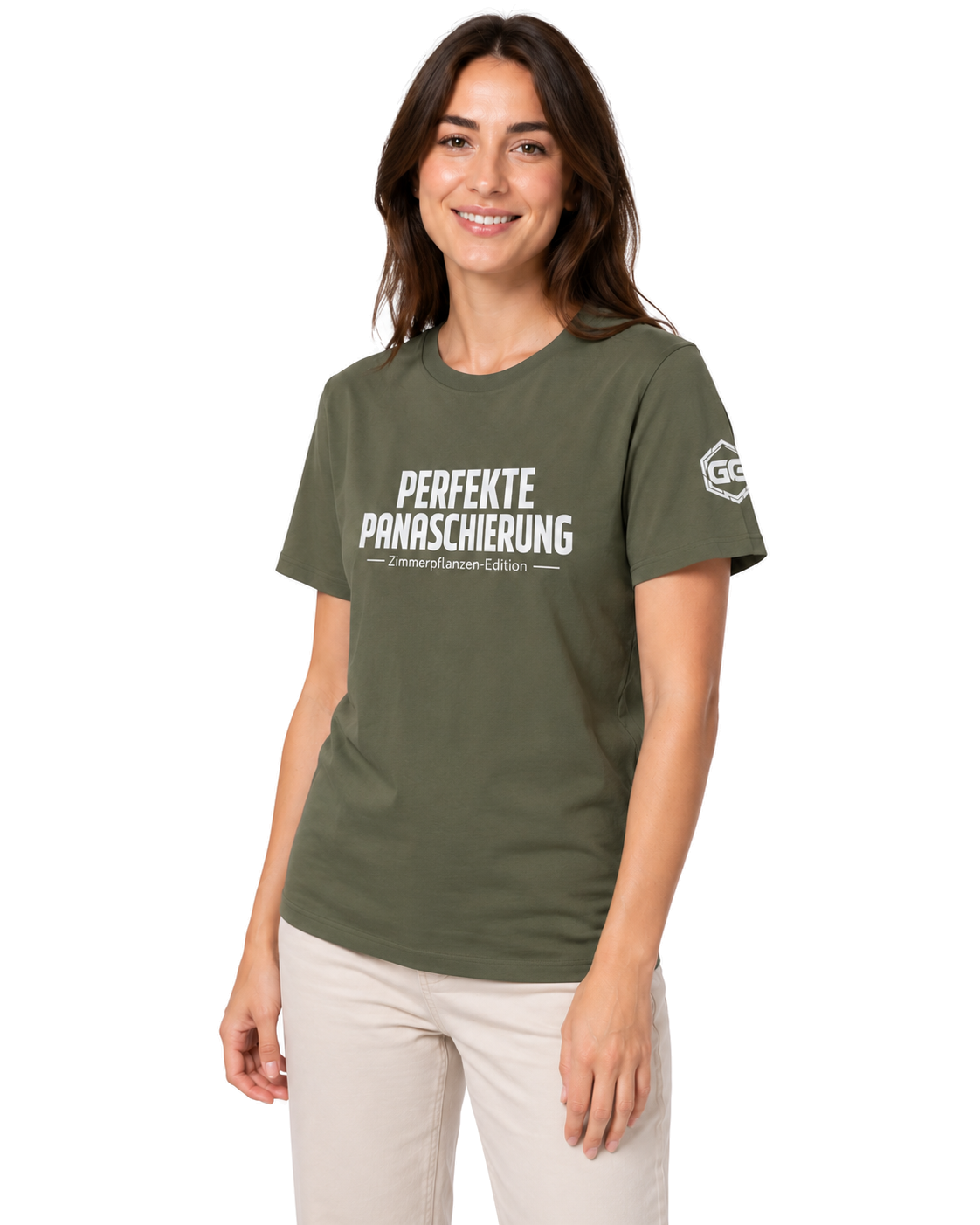 model:5:f | Perfect Variegation – Houseplant T-Shirt – Model photo in Military Green – Woman