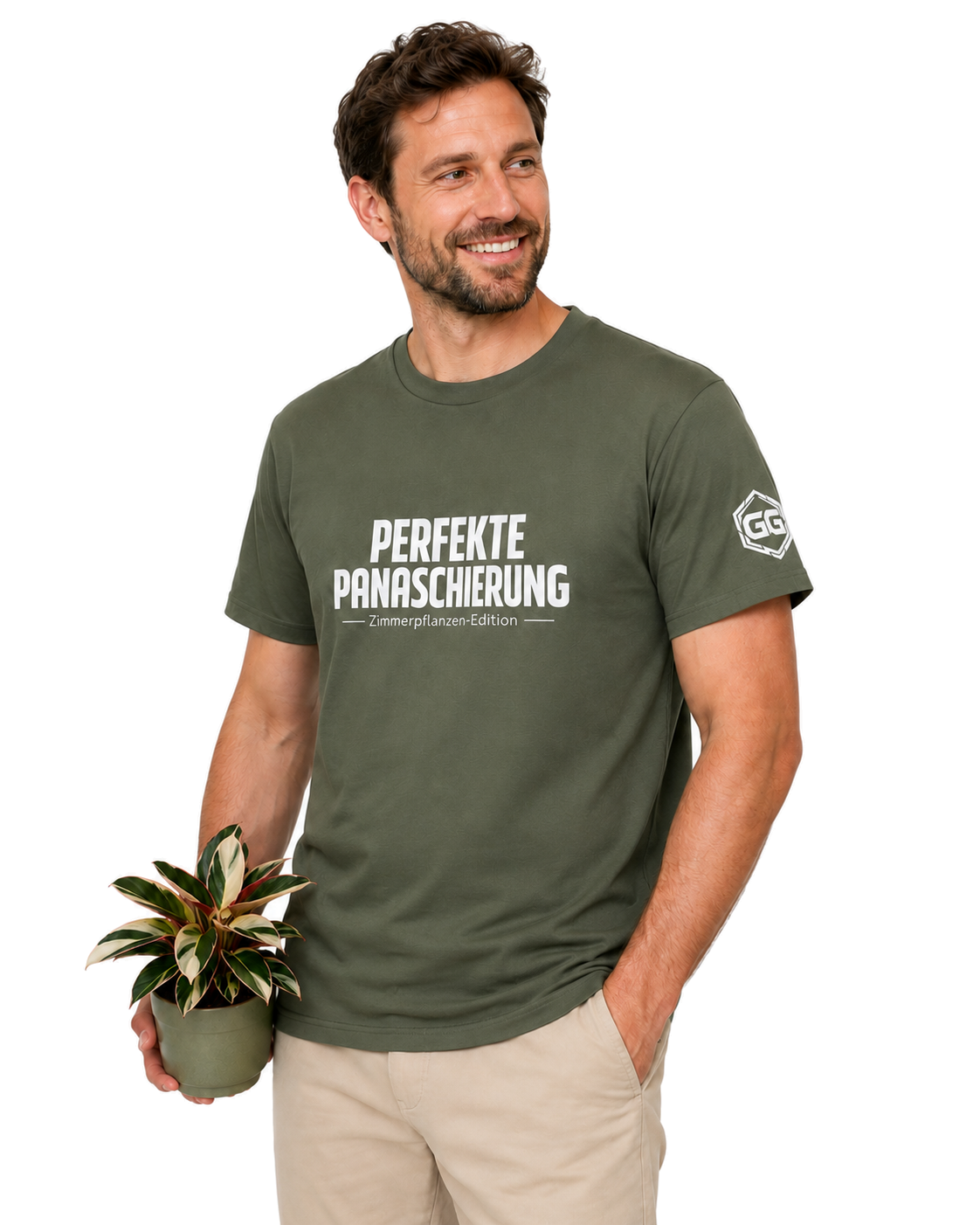 model:5:m | Perfect Variegation – Houseplant T-Shirt – Model photo in Military Green – Man