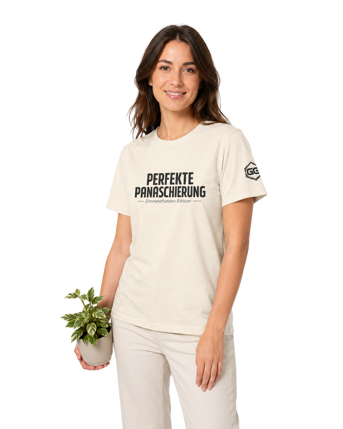 model:4:f | Perfect Variegation – Houseplant T-Shirt – Model photo in Natural – Woman
