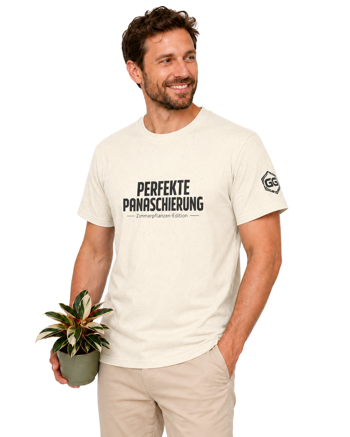 model:4:m | Perfect Variegation – Houseplant T-Shirt – Model photo in Natural – Man