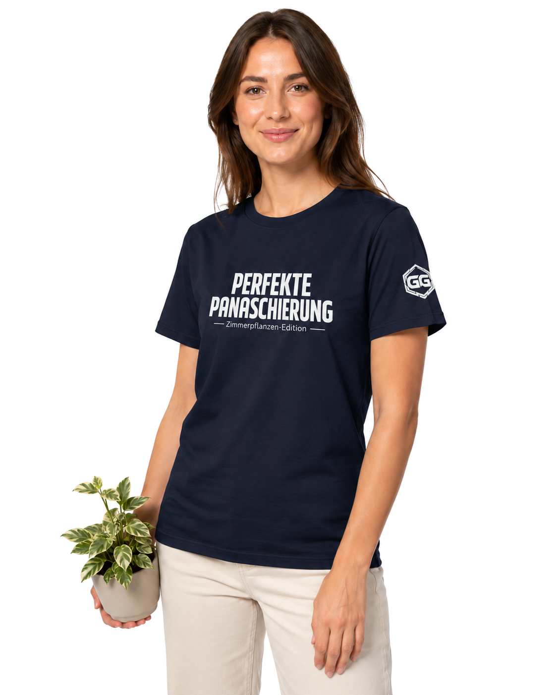 model:9:f | Perfect Variegation – Houseplant T-Shirt – Model photo in Navy – Woman
