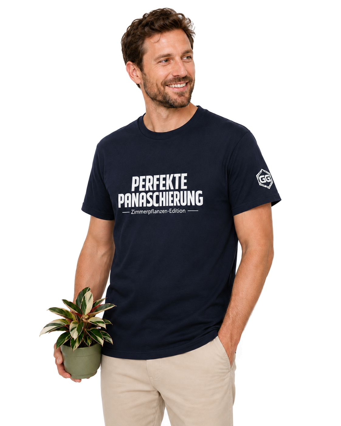 model:9:m | Perfect Variegation – Houseplant T-Shirt – Model photo in Navy – Man