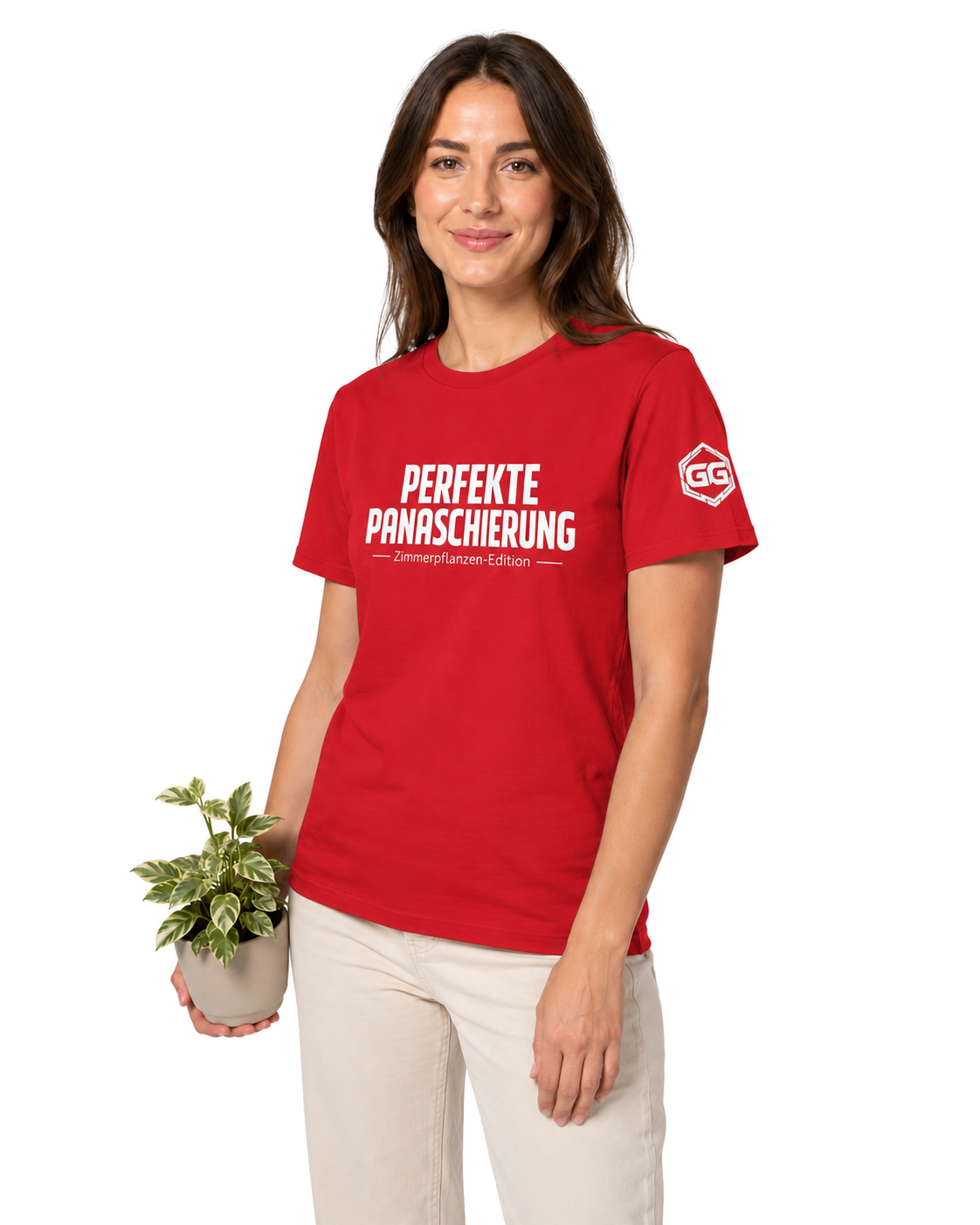 model:10:f | Perfect Variegation – Houseplant T-Shirt – Model photo in Red – Woman