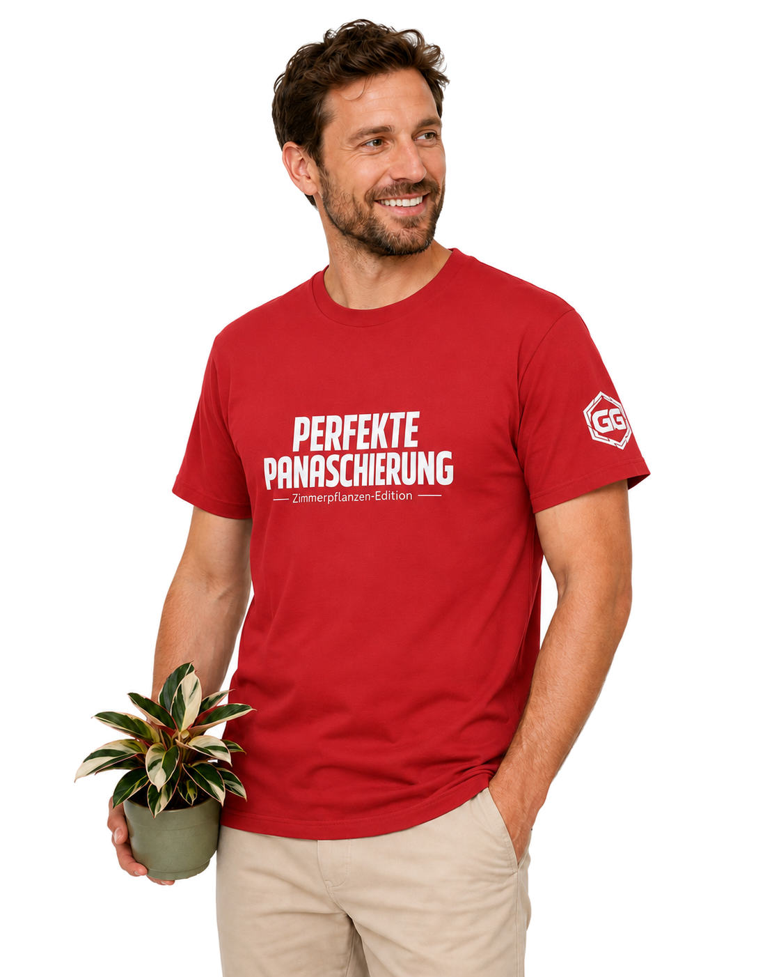 model:10:m | Perfect Variegation – Houseplant T-Shirt – Model photo in Red – Man