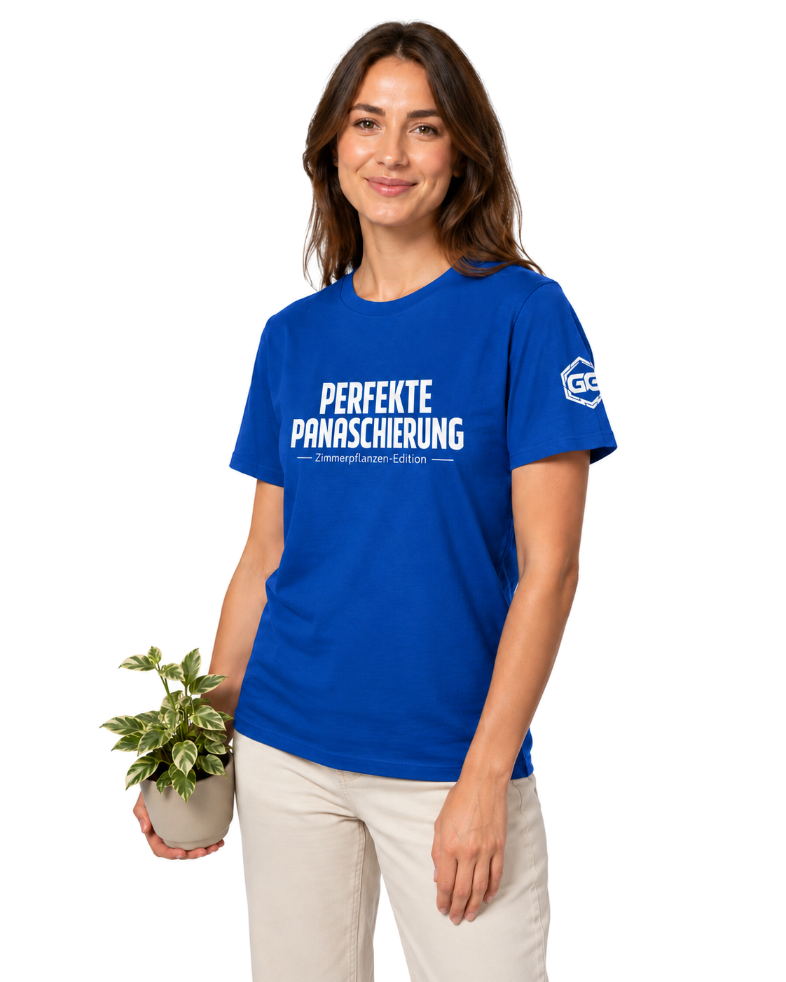 model:8:f | Perfect Variegation – Houseplant T-Shirt – Model photo in Royal – Woman