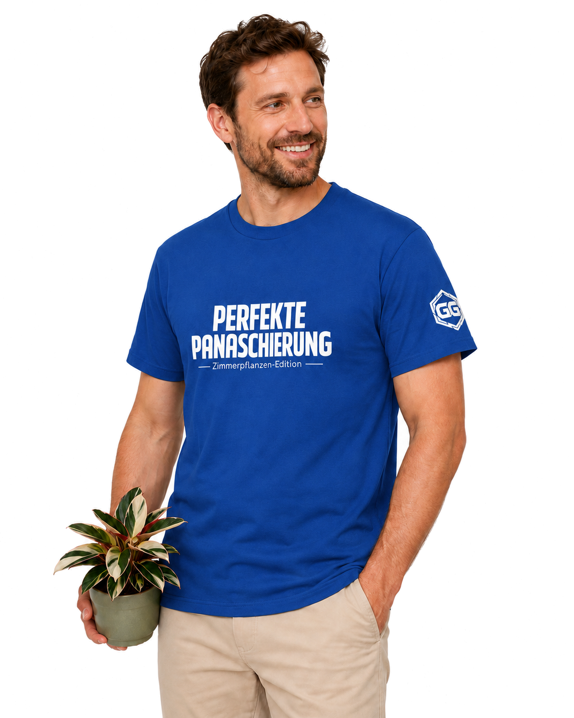 model:8:m | Perfect Variegation – Houseplant T-Shirt – Model photo in Royal – Man
