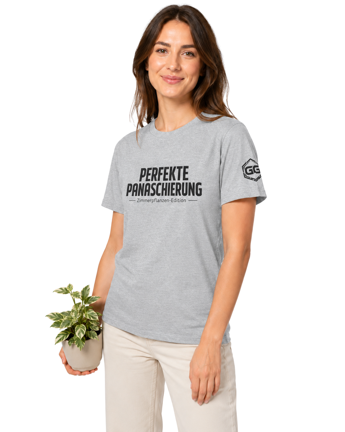 model:2:f | Perfect Variegation – Houseplant T-Shirt – Model photo in Sport Grey – Woman