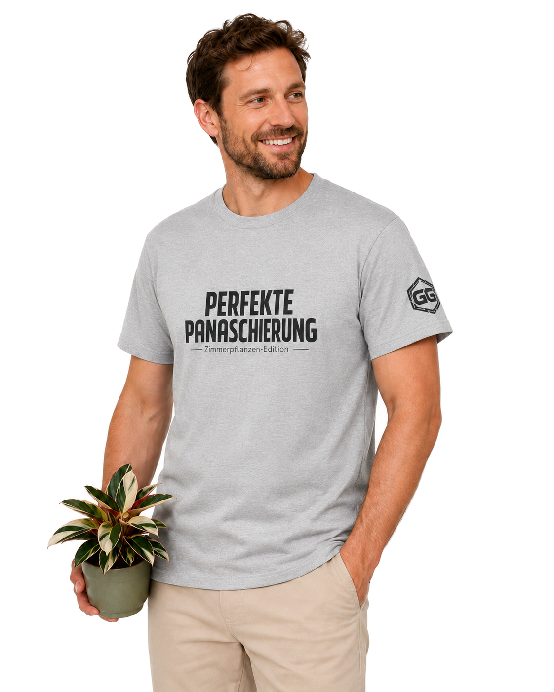 model:2:m | Perfect Variegation – Houseplant T-Shirt – Model photo in Sport Grey – Man