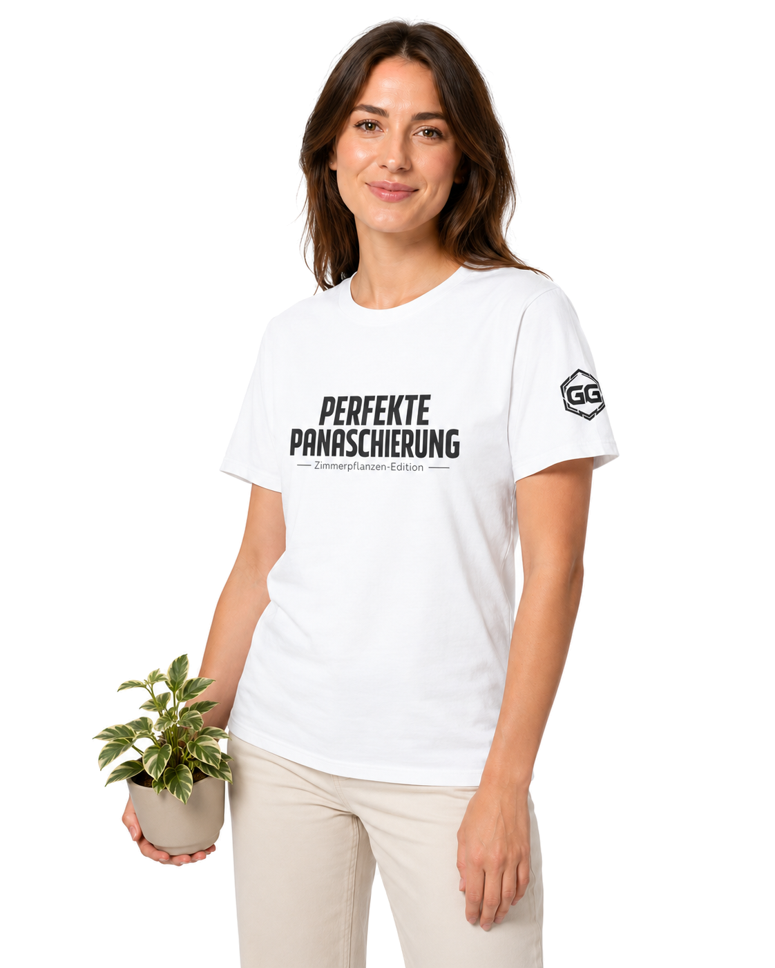 model:0:f | Perfect Variegation – Houseplant T-Shirt – Model photo in White – Woman