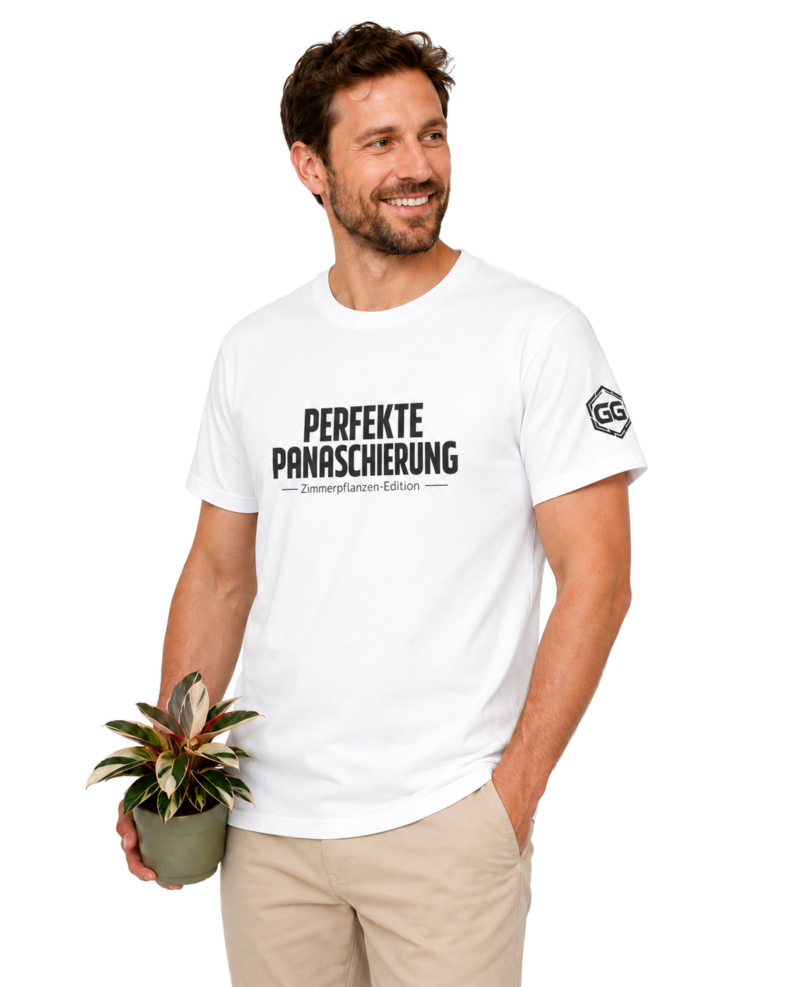 model:0:m | Perfect Variegation – Houseplant T-Shirt – Model photo in White – Man