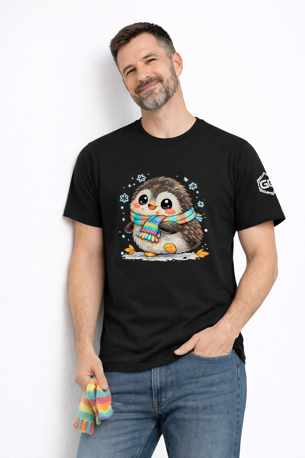 model:1:m | Penguin & Scarf T-Shirt – Modelfoto in Schwarz – Mann