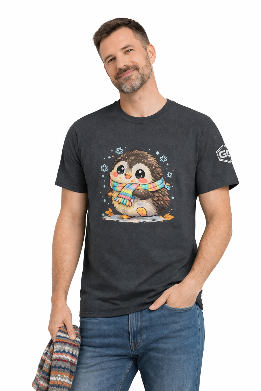 model:6:m | Penguin & Scarf T-Shirt – Modelfoto in Dunkelmeliert – Mann