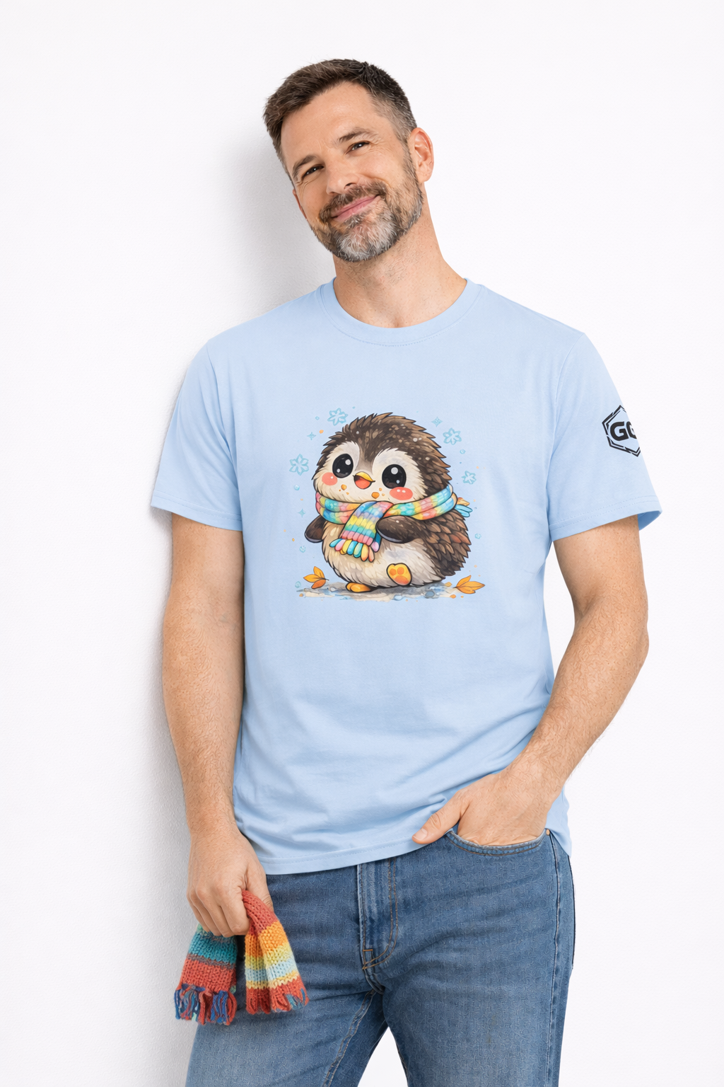 model:7:m | Penguin & Scarf T-Shirt – Modelfoto in Hellblau – Mann