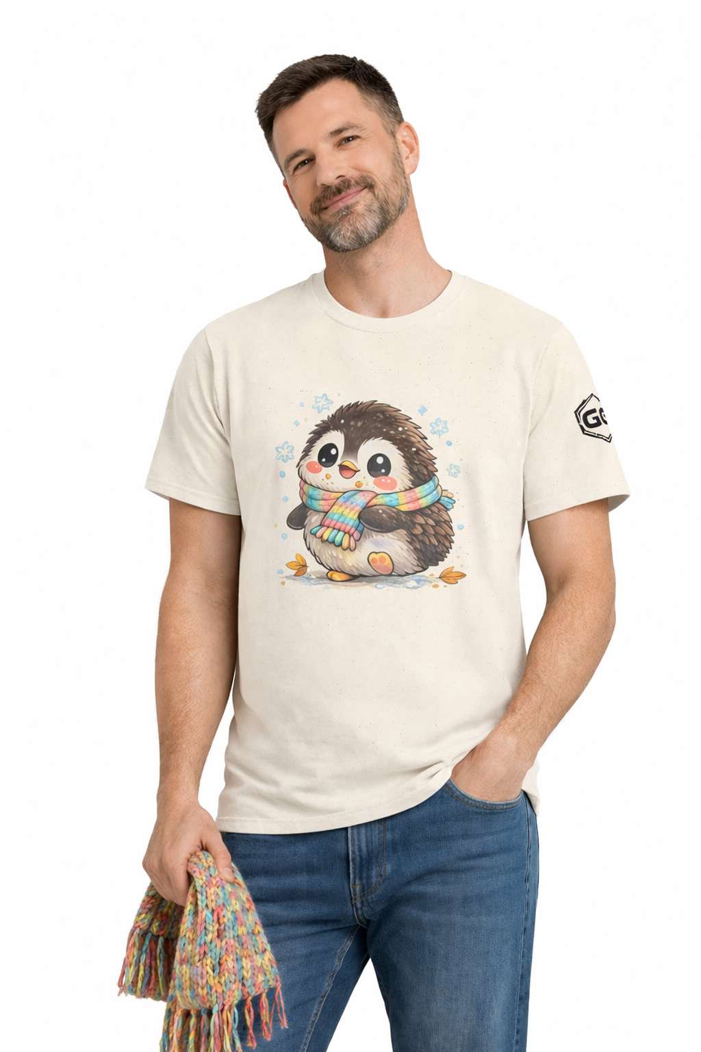 model:4:m | Penguin & Scarf T-Shirt – Modelfoto in Natur – Mann