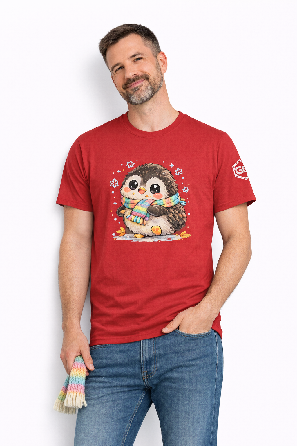 model:10:m | Penguin & Scarf T-Shirt – Modelfoto in Rot – Mann