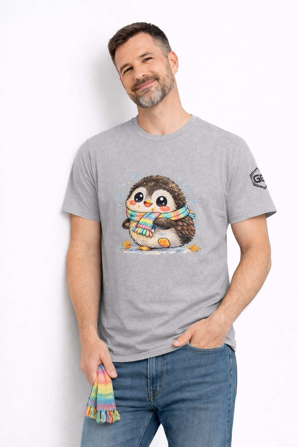 model:2:m | Penguin & Scarf T-Shirt – Modelfoto in Sportgrau – Mann