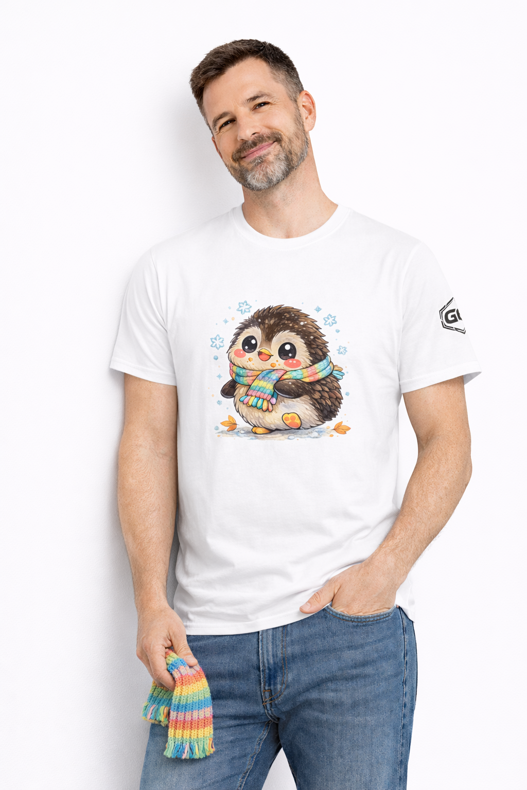 model:0:m | Penguin & Scarf T-Shirt – Modelfoto in Weiß – Mann