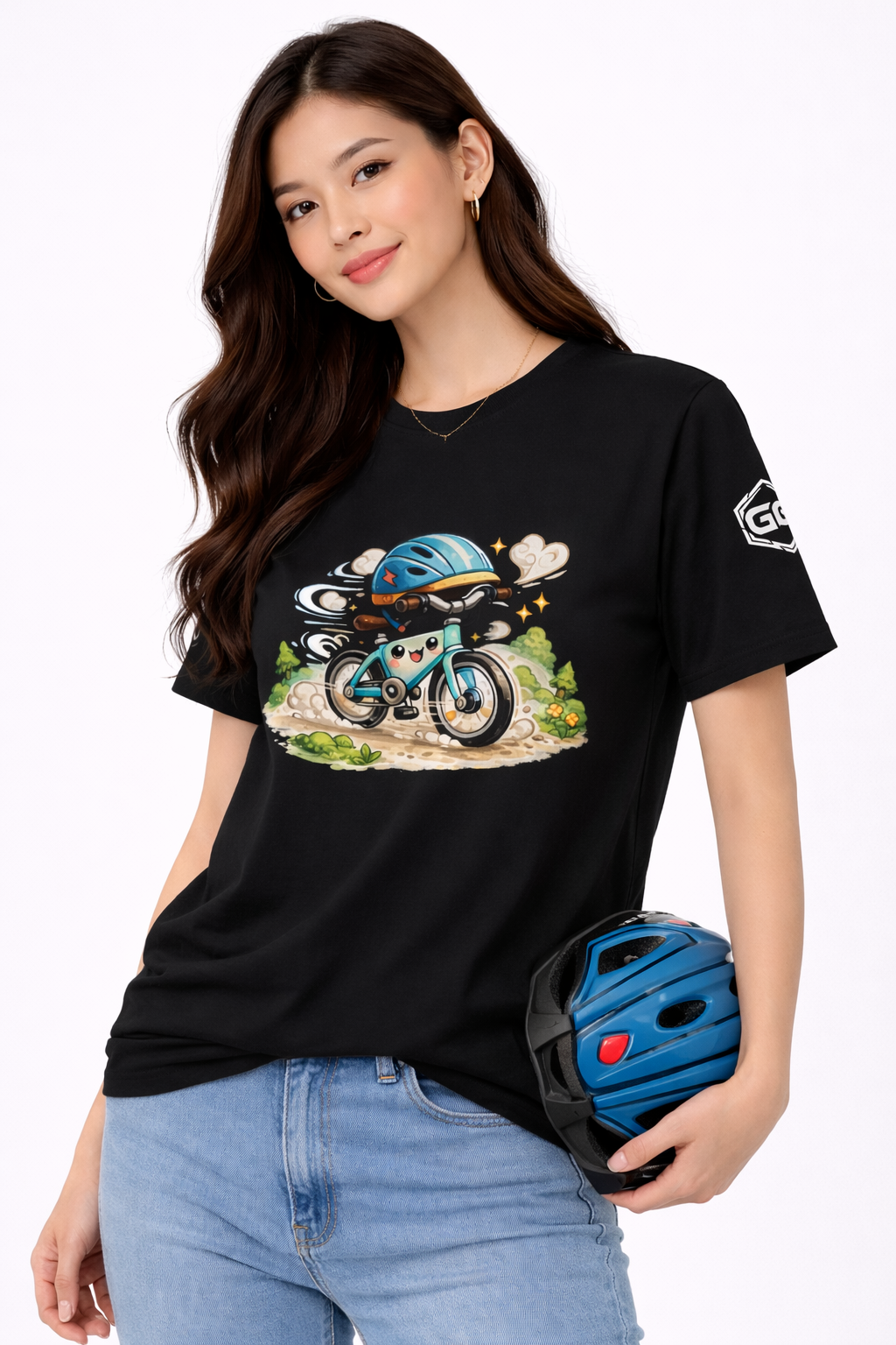 model:1:f | Radl-Wahnsinn T-Shirt – Modelfoto in Schwarz – Frau