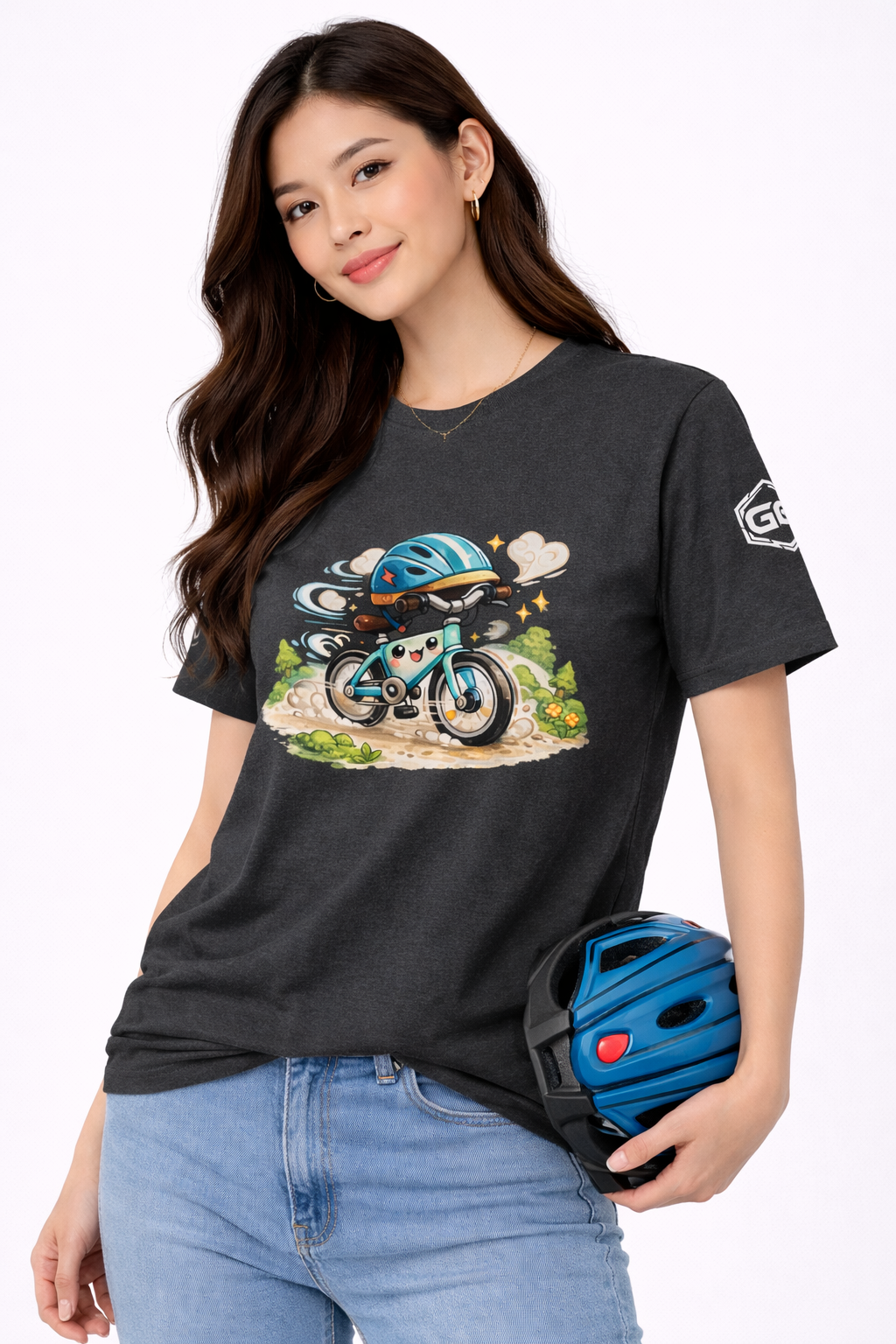 model:6:f | Radl-Wahnsinn T-Shirt – Modelfoto in Dunkelmeliert – Frau