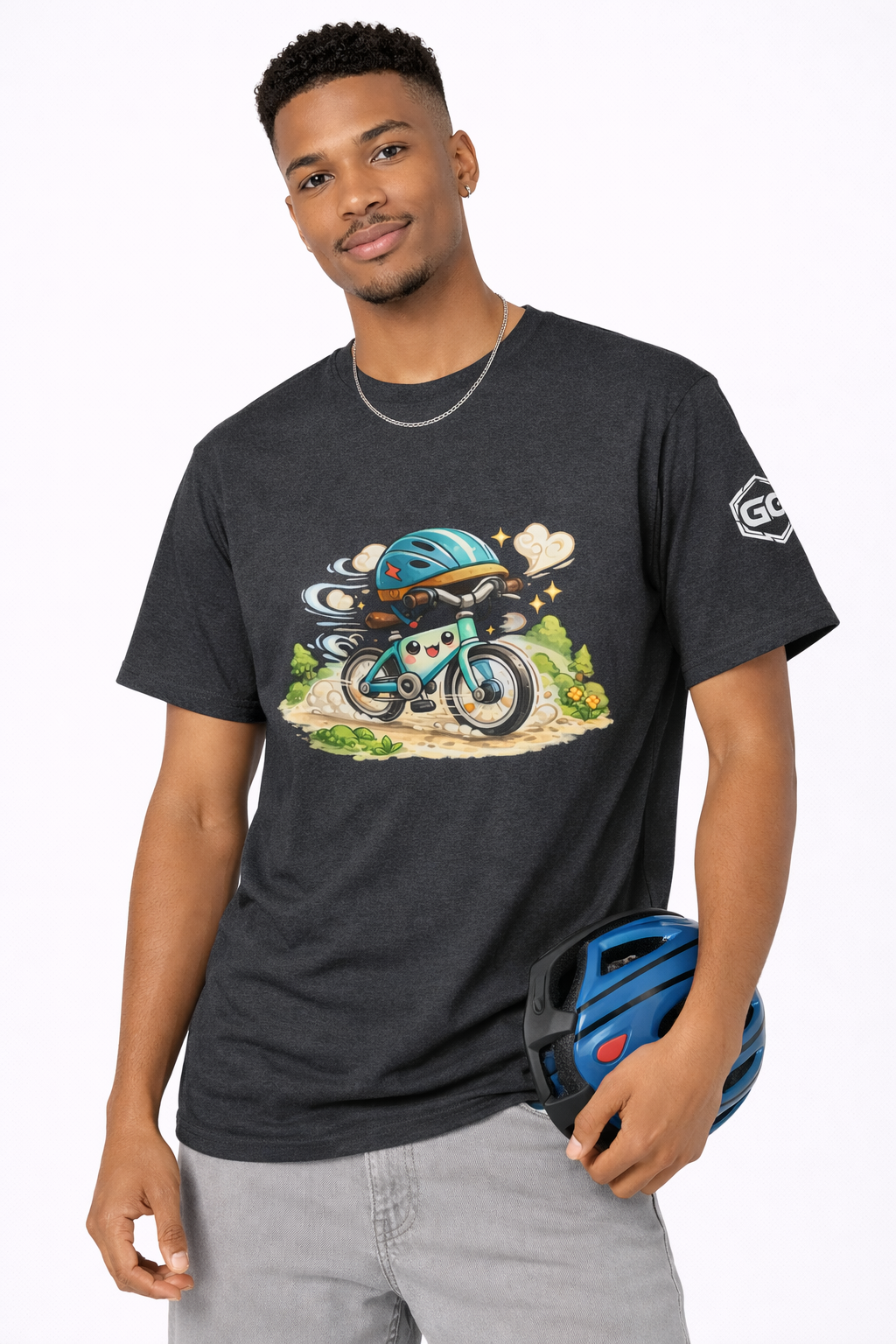 model:6:m | Radl-Wahnsinn T-Shirt – Modelfoto in Dunkelmeliert – Mann