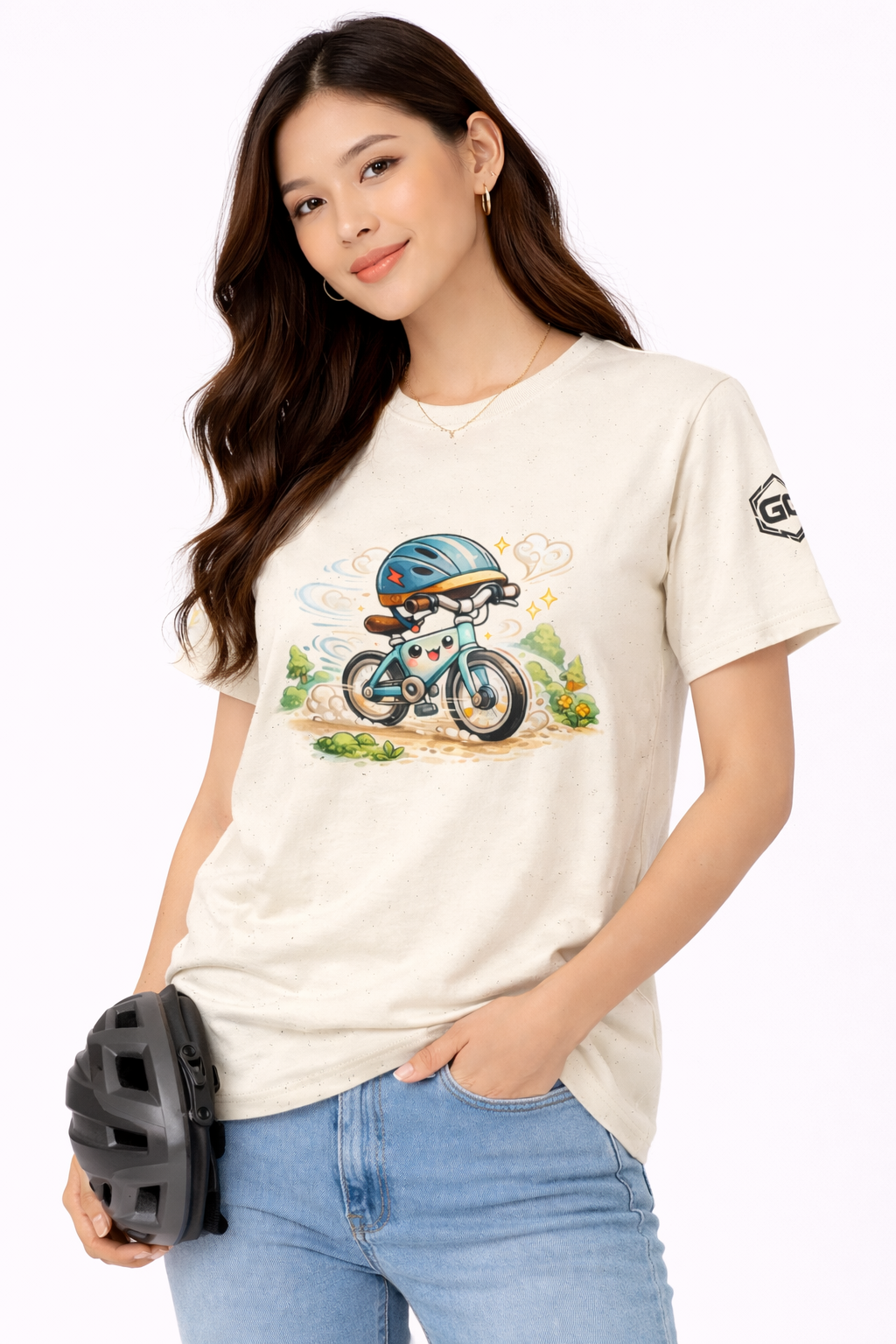model:4:f | Radl-Wahnsinn T-Shirt – Modelfoto in Natur – Frau