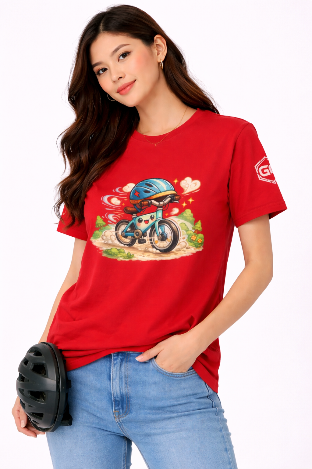 model:10:f | Radl-Wahnsinn T-Shirt – Modelfoto in Rot – Frau