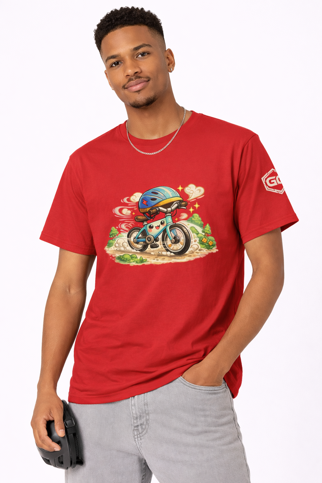 model:10:m | Radl-Wahnsinn T-Shirt – Modelfoto in Rot – Mann