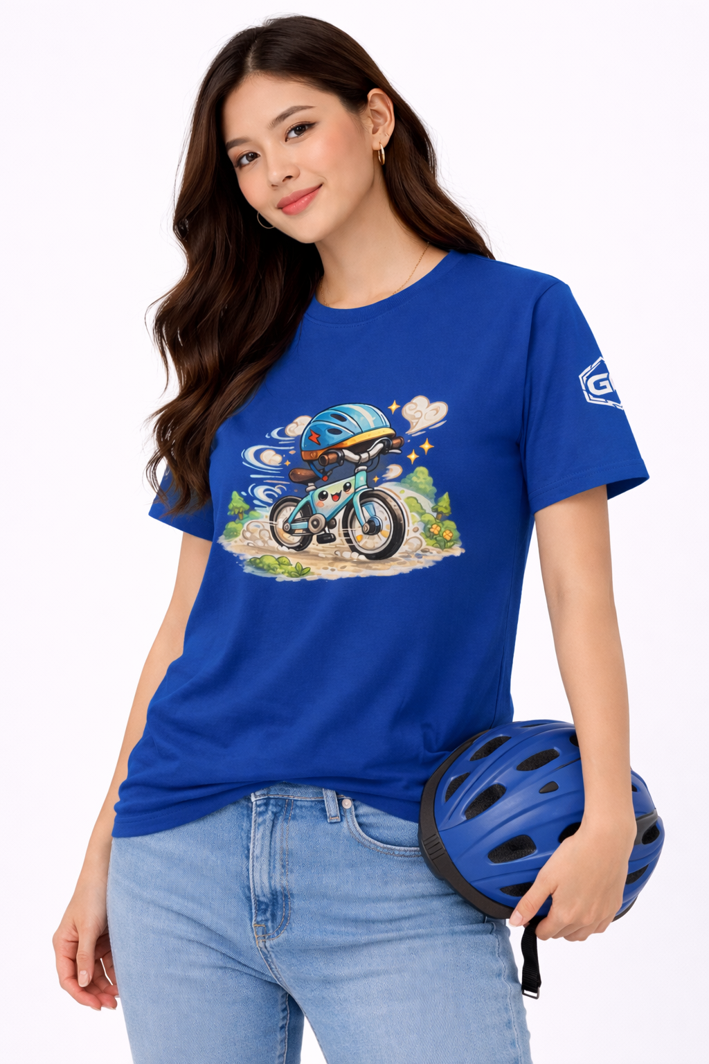 model:8:f | Radl-Wahnsinn T-Shirt – Modelfoto in Royalblau – Frau