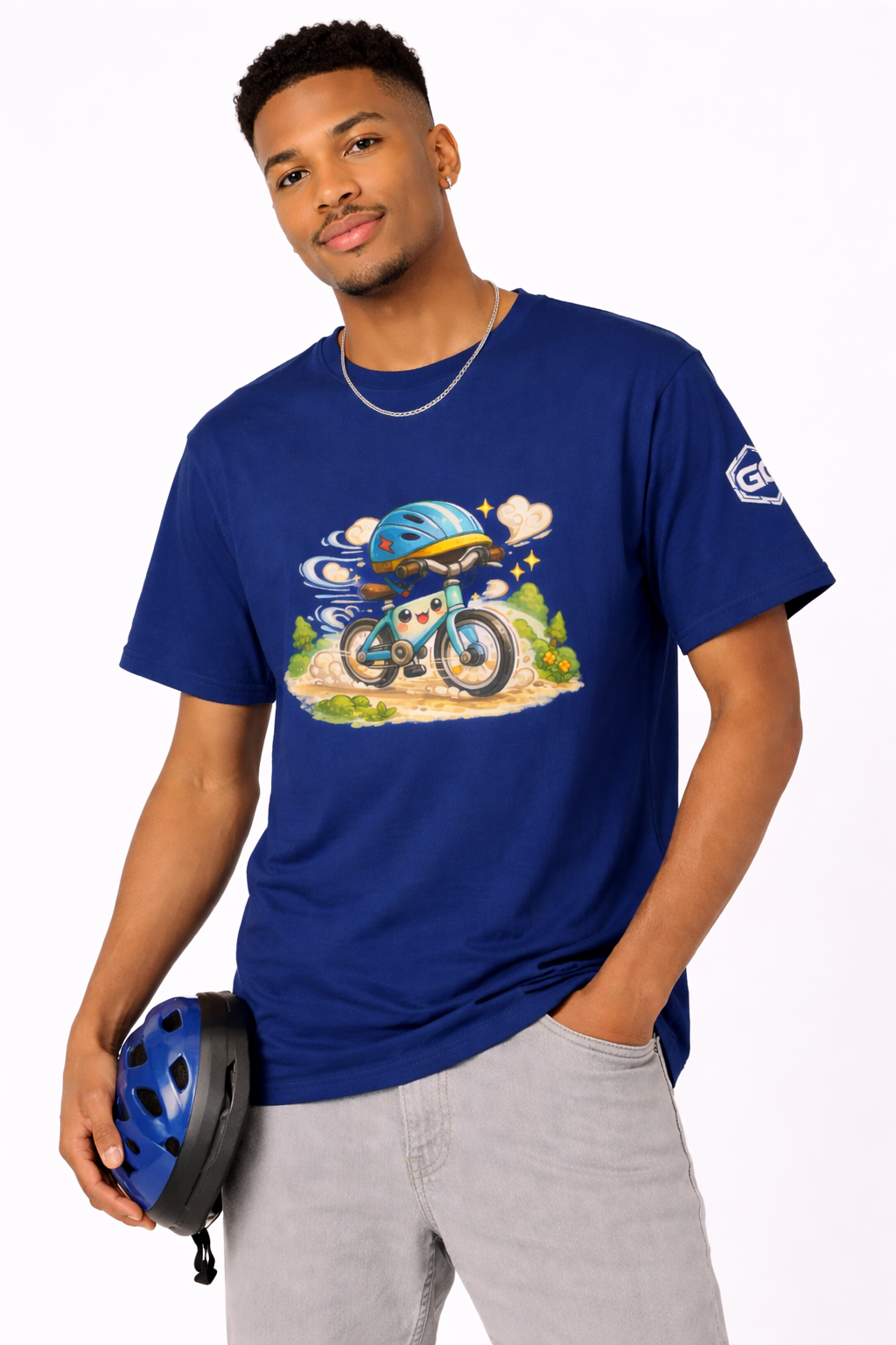 model:8:m | Radl-Wahnsinn T-Shirt – Modelfoto in Royalblau – Mann