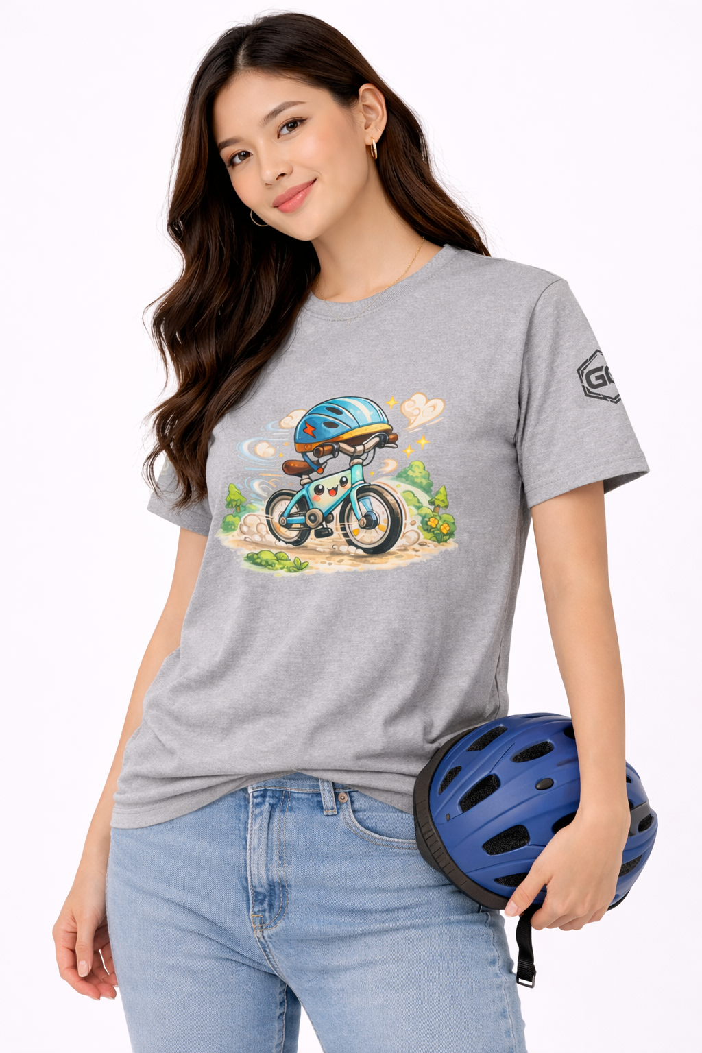 model:2:f | Radl-Wahnsinn T-Shirt – Modelfoto in Sportgrau – Frau