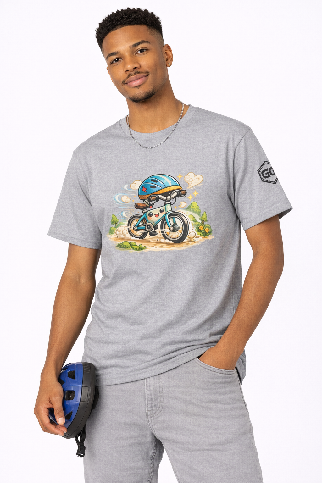 model:2:m | Radl-Wahnsinn T-Shirt – Modelfoto in Sportgrau – Mann