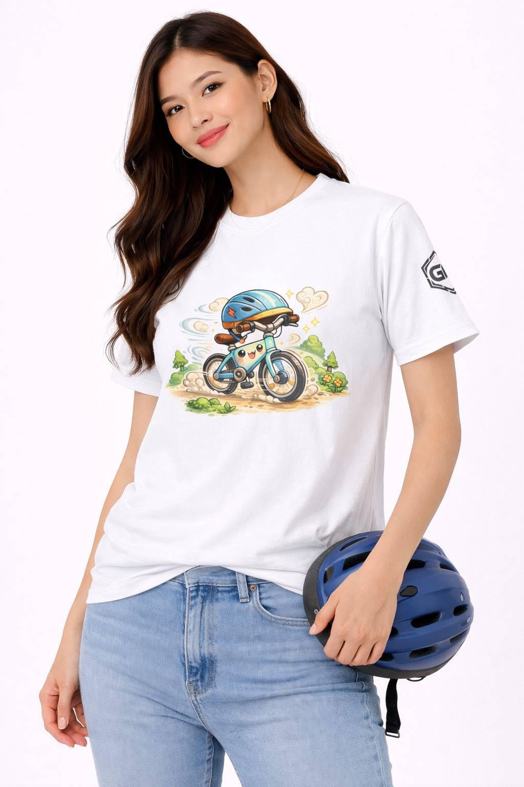 model:0:f | Radl-Wahnsinn T-Shirt – Modelfoto in Weiß – Frau