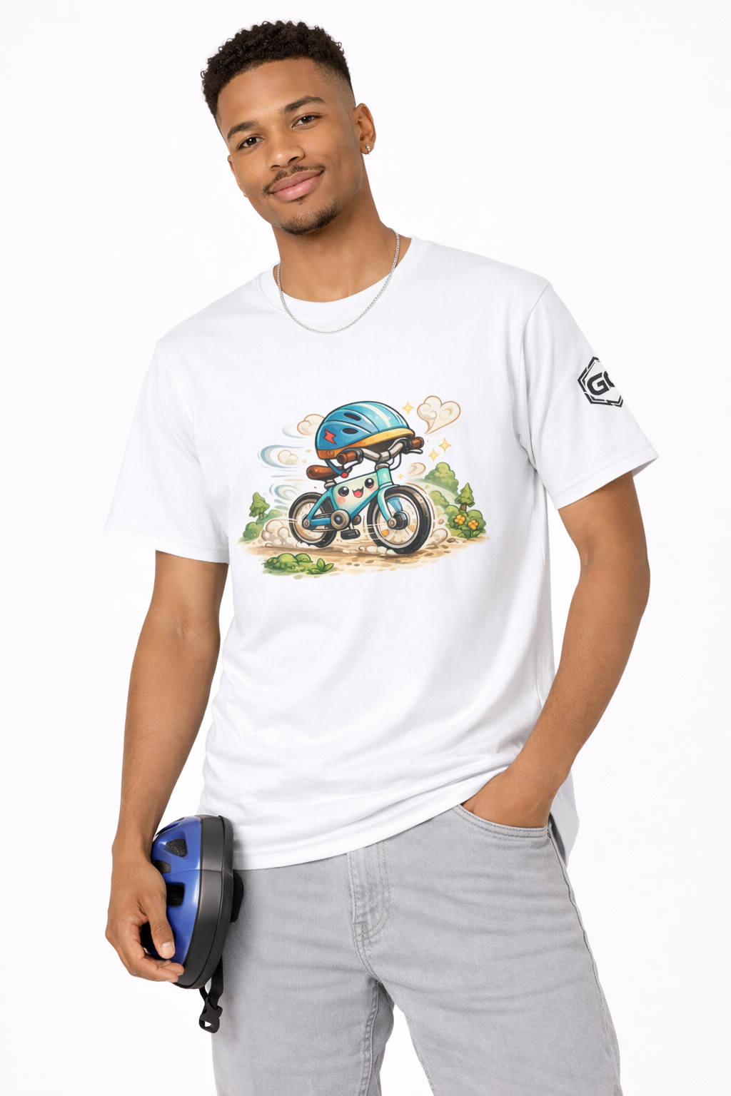 model:0:m | Radl-Wahnsinn T-Shirt – Modelfoto in Weiß – Mann