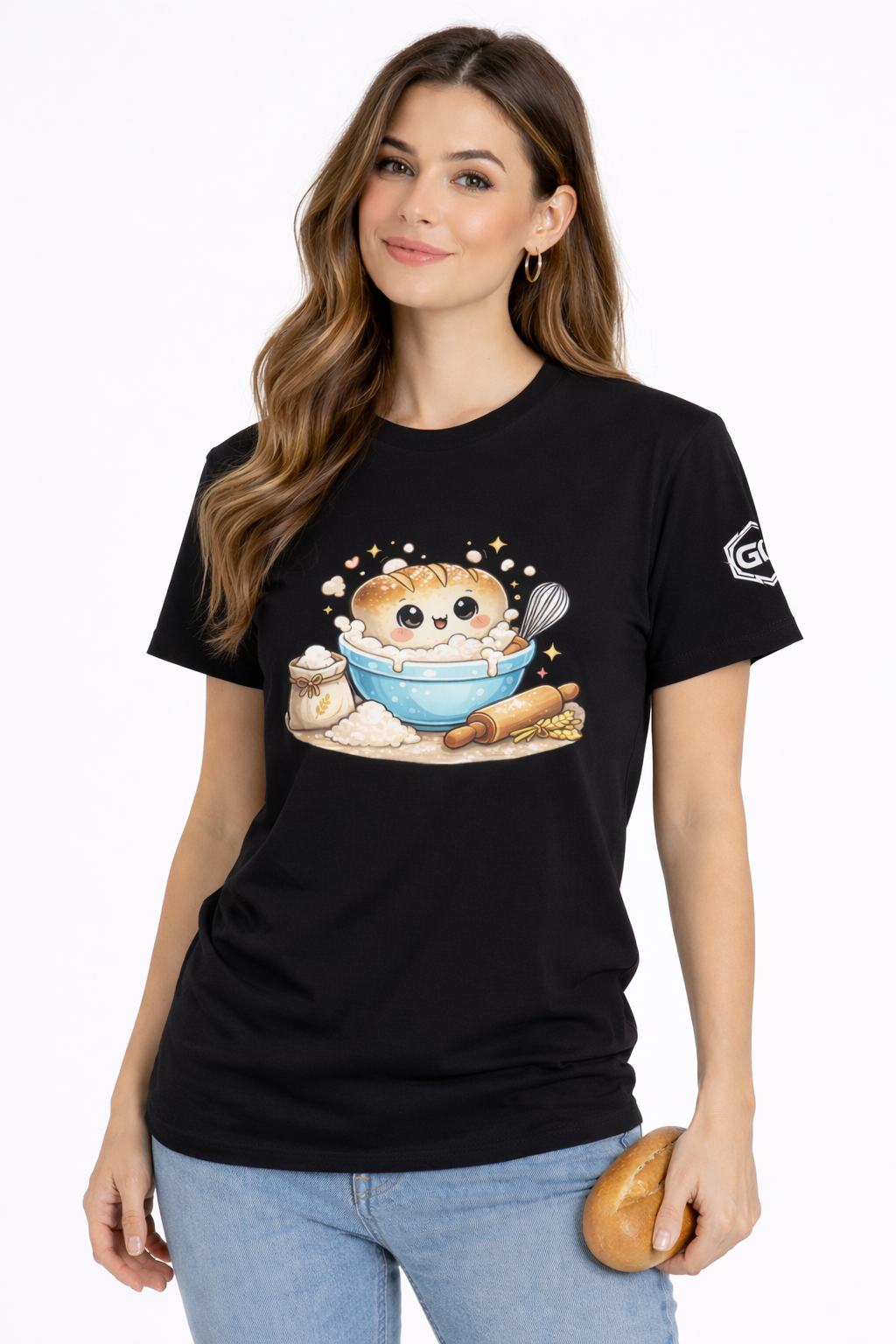 model:1:f | Sauerteig-Flüsterer T-Shirt – Modelfoto in Schwarz – Frau