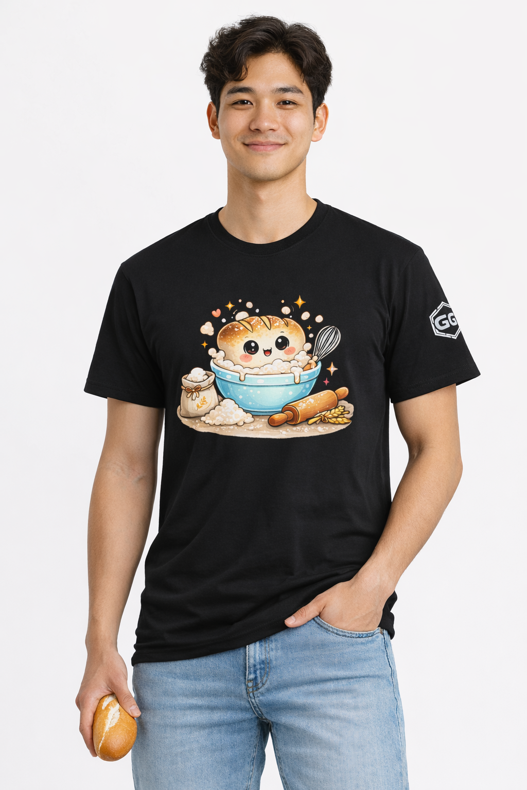 model:1:m | Sauerteig-Flüsterer T-Shirt – Modelfoto in Schwarz – Mann