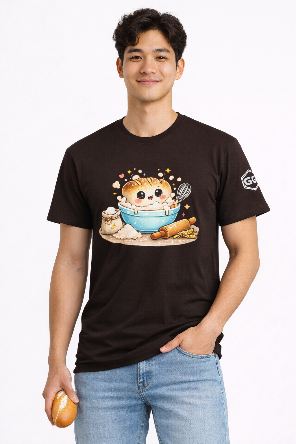 model:3:m | Sauerteig-Flüsterer T-Shirt – Modelfoto in Dunkelbraun – Mann