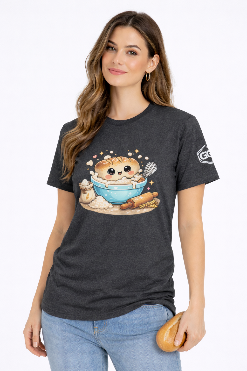 model:6:f | Sauerteig-Flüsterer T-Shirt – Modelfoto in Dunkelmeliert – Frau