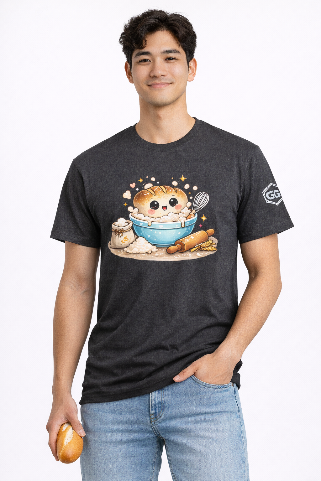 model:6:m | Sauerteig-Flüsterer T-Shirt – Modelfoto in Dunkelmeliert – Mann