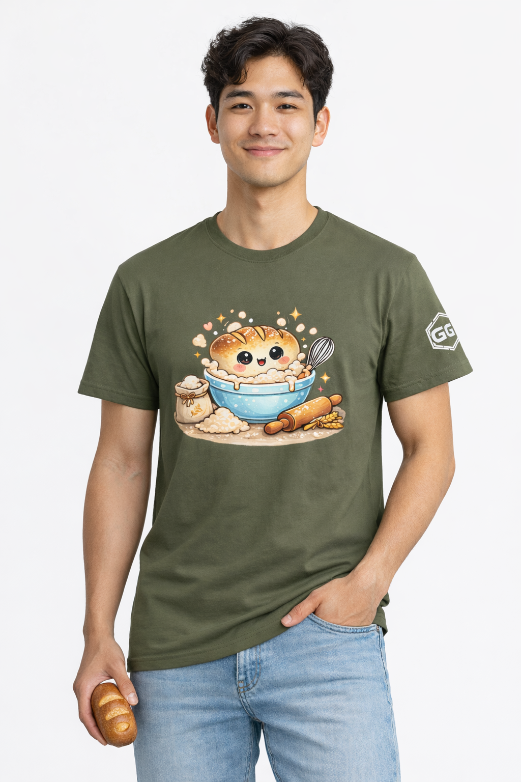 model:5:m | Sauerteig-Flüsterer T-Shirt – Modelfoto in Militärgrün – Mann