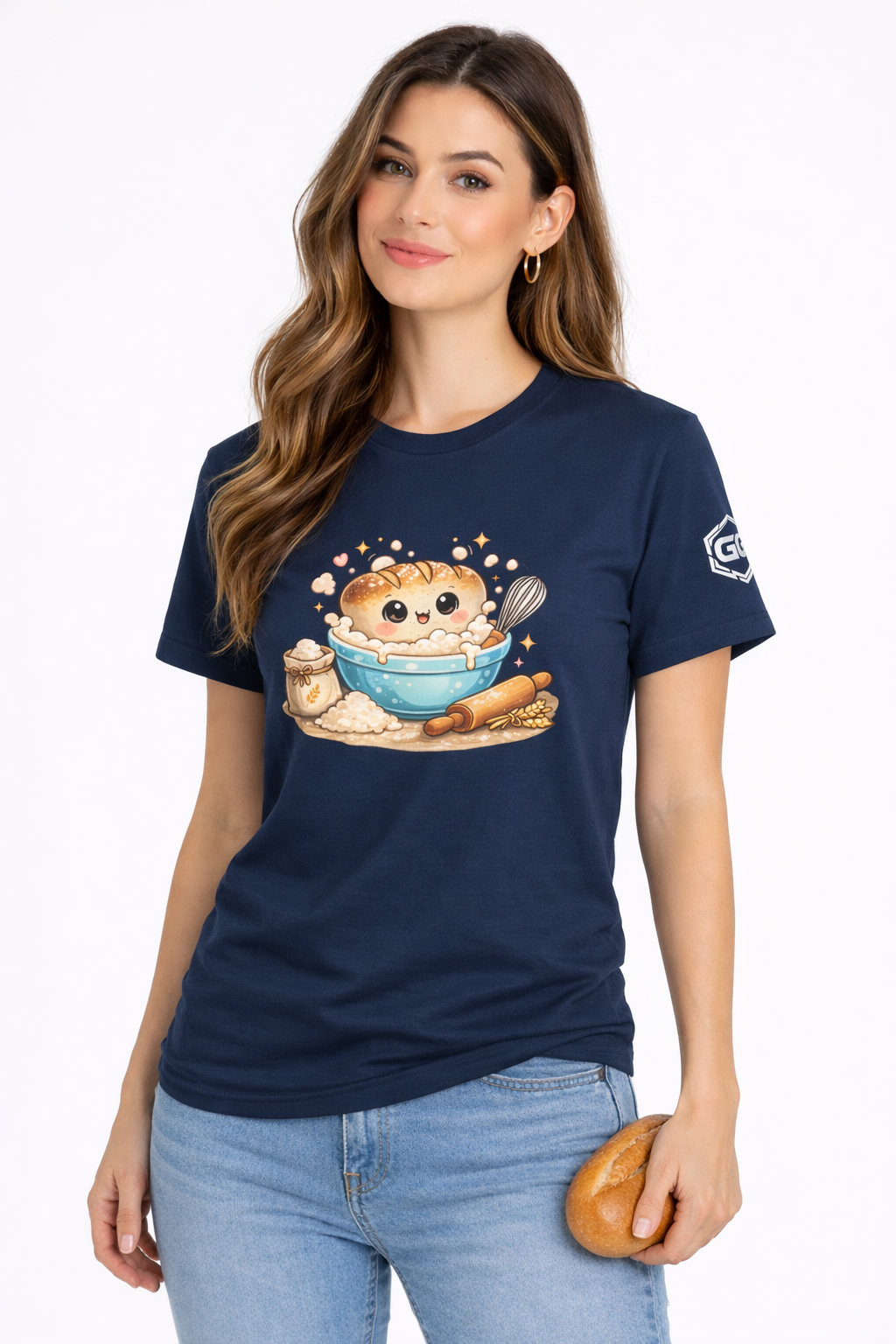 model:9:f | Sauerteig-Flüsterer T-Shirt – Modelfoto in Navy – Frau