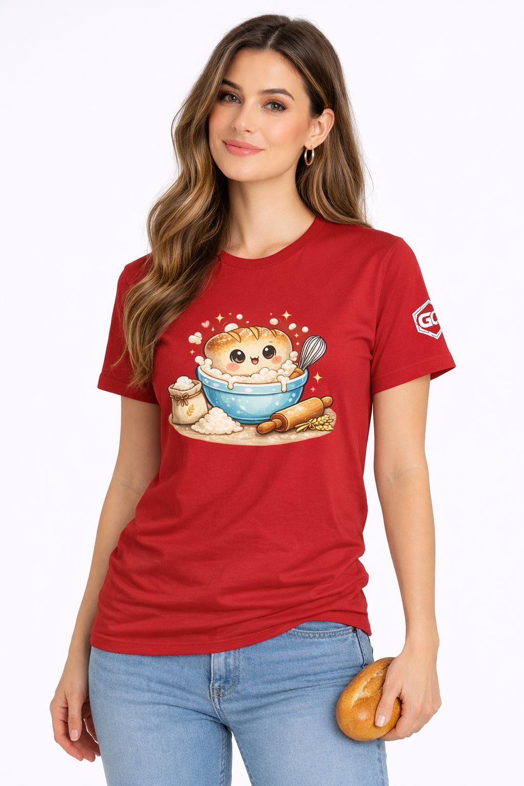 model:10:f | Sauerteig-Flüsterer T-Shirt – Modelfoto in Rot – Frau