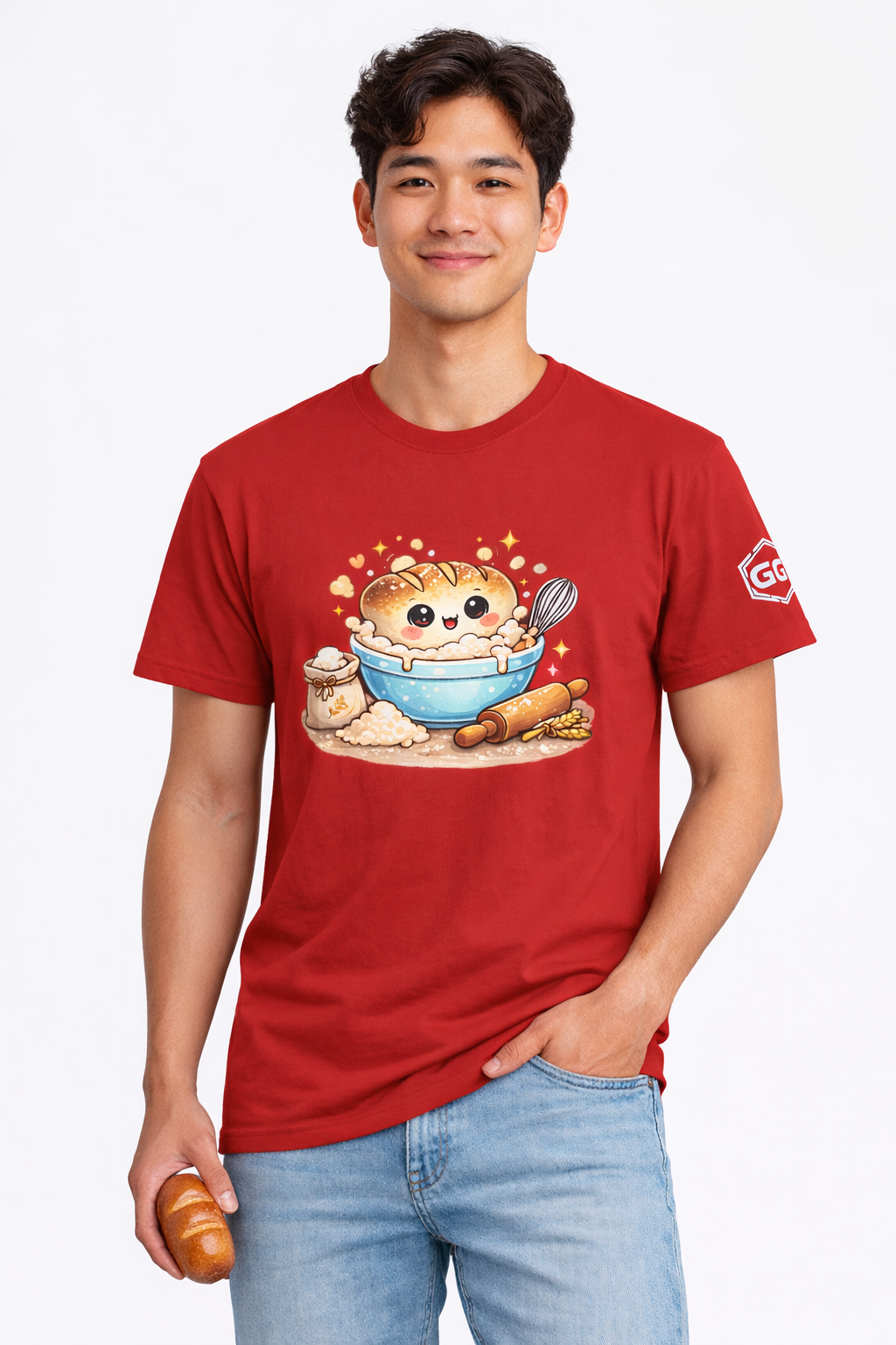 model:10:m | Sauerteig-Flüsterer T-Shirt – Modelfoto in Rot – Mann