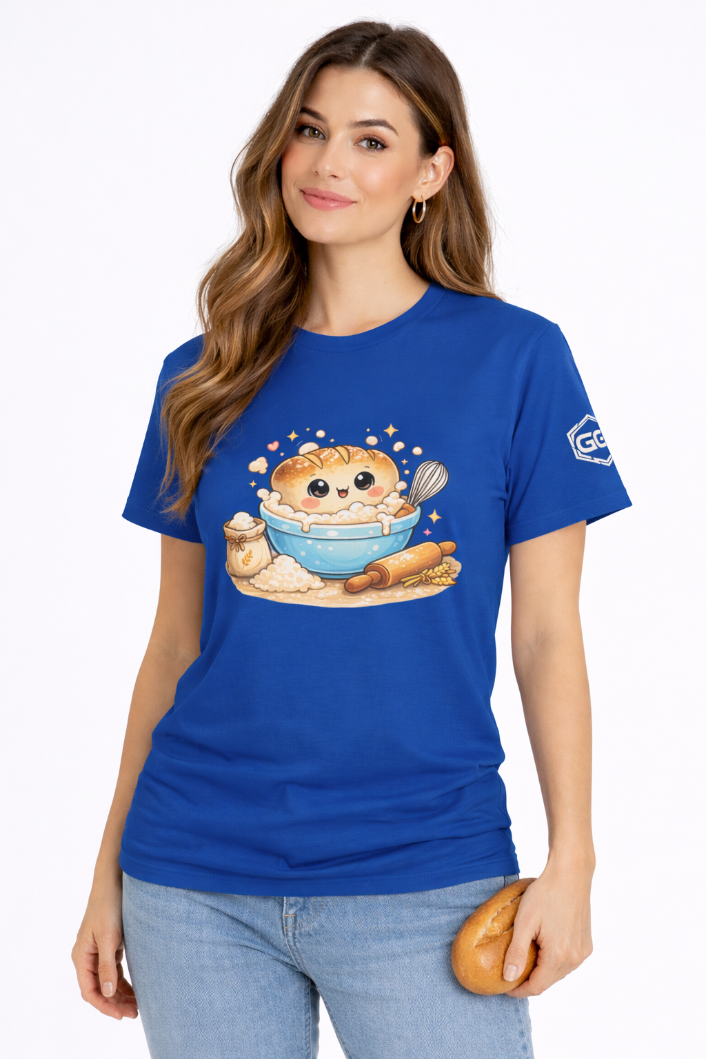 model:8:f | Sauerteig-Flüsterer T-Shirt – Modelfoto in Royalblau – Frau