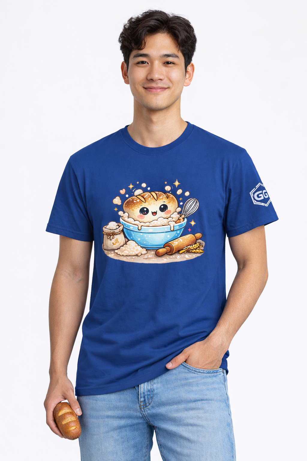 model:8:m | Sauerteig-Flüsterer T-Shirt – Modelfoto in Royalblau – Mann