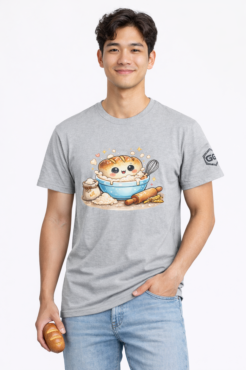 model:2:m | Sauerteig-Flüsterer T-Shirt – Modelfoto in Sportgrau – Mann