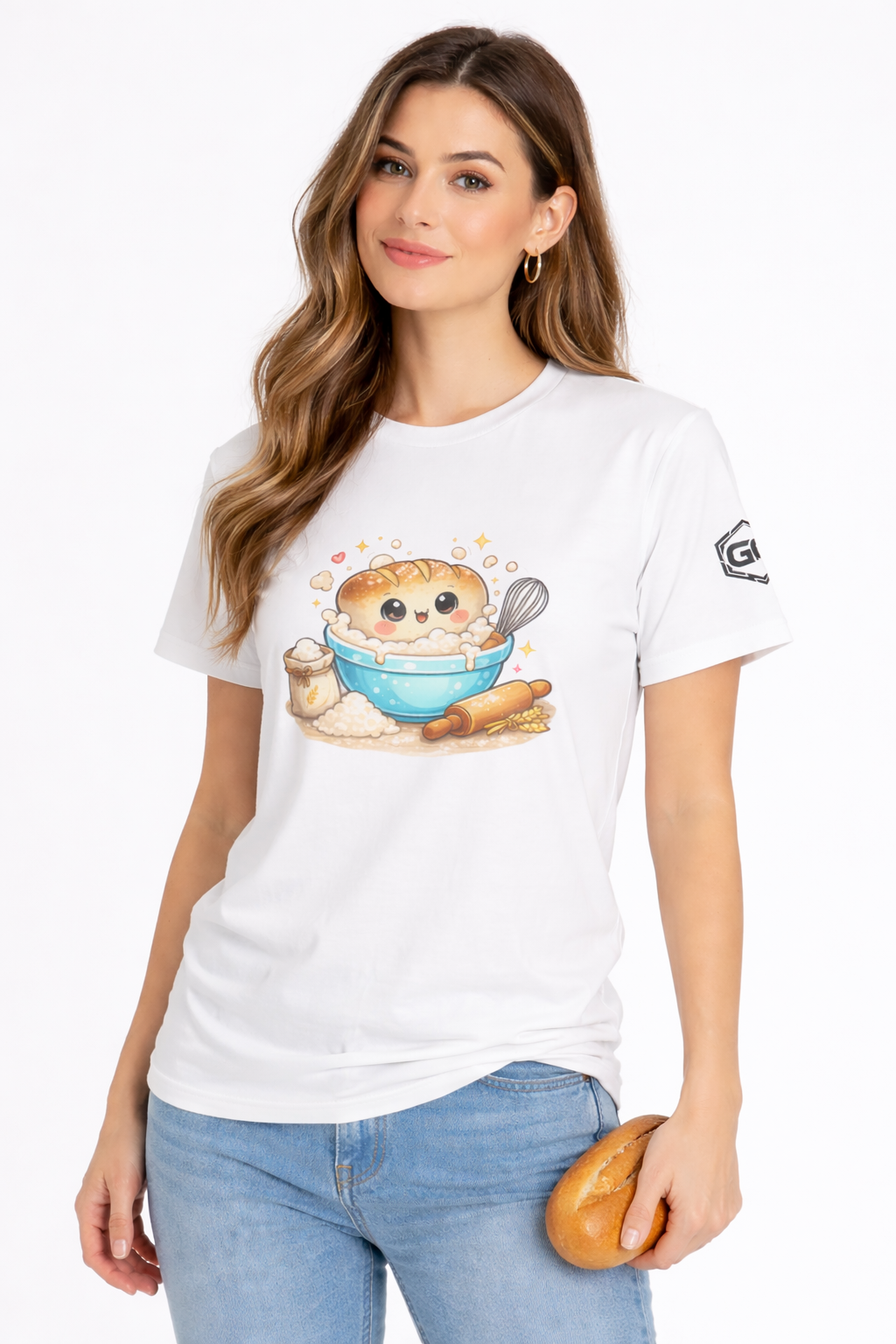 model:0:f | Sauerteig-Flüsterer T-Shirt – Modelfoto in Weiß – Frau