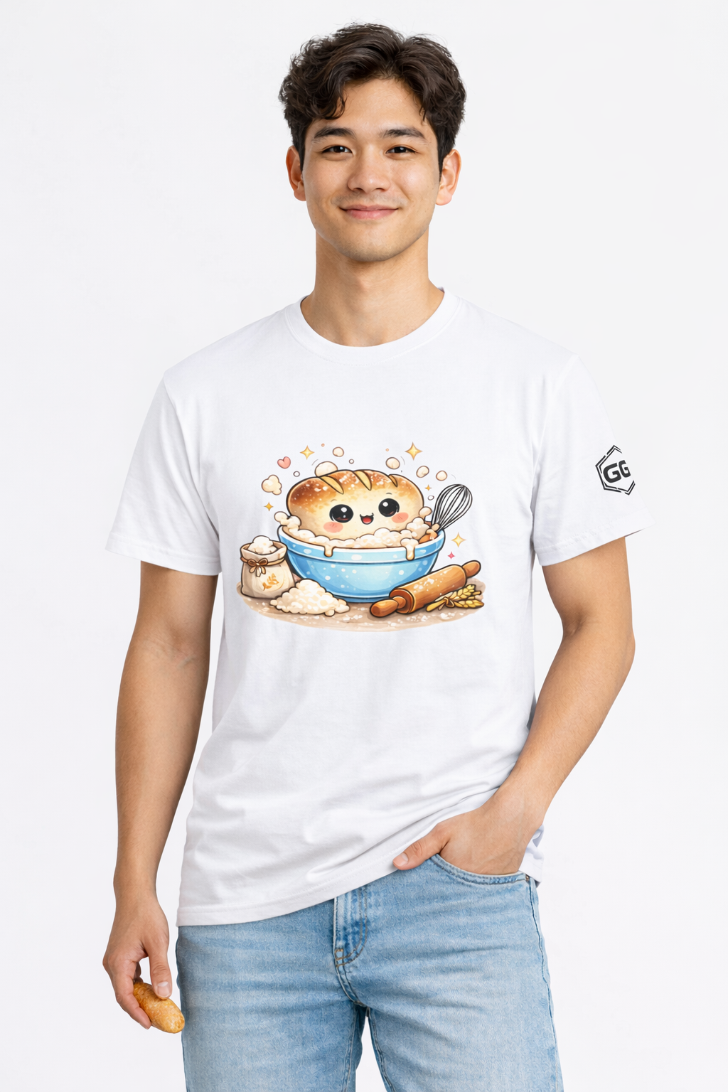 model:0:m | Sauerteig-Flüsterer T-Shirt – Modelfoto in Weiß – Mann