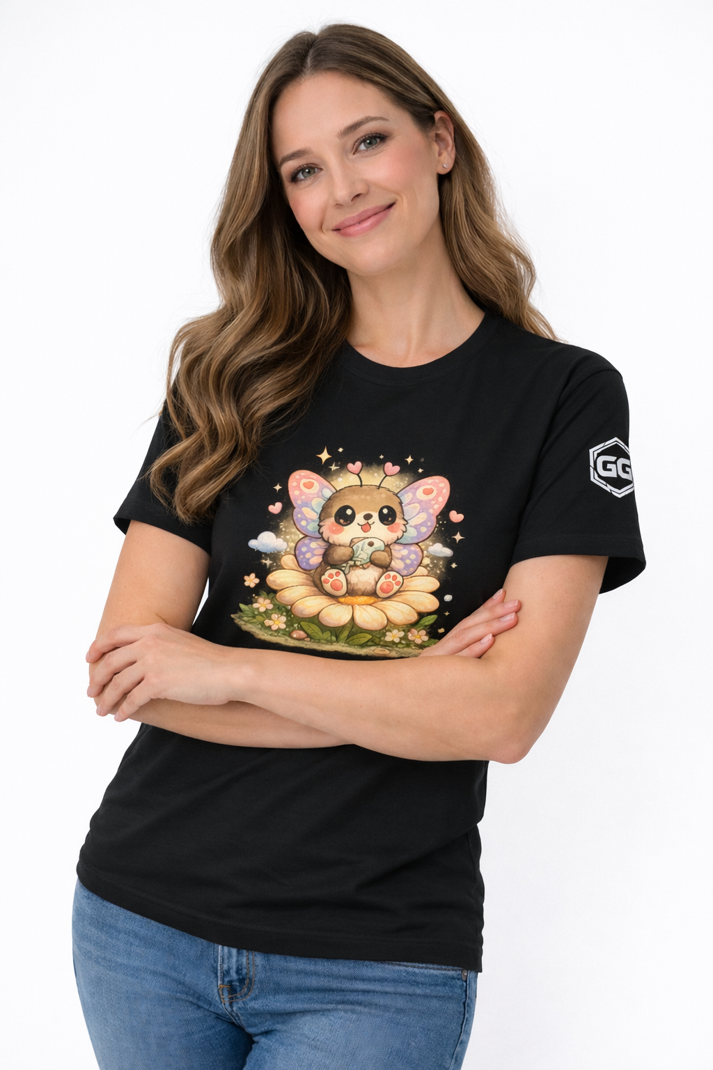 model:1:f | Butterfly & Flowers T-Shirt – Model photo in Black – Woman